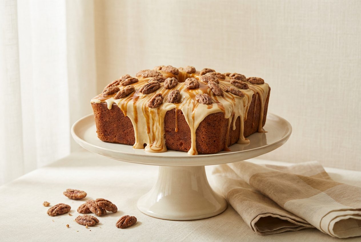 Signature caramel-pecan pound cake on a footed cake stand