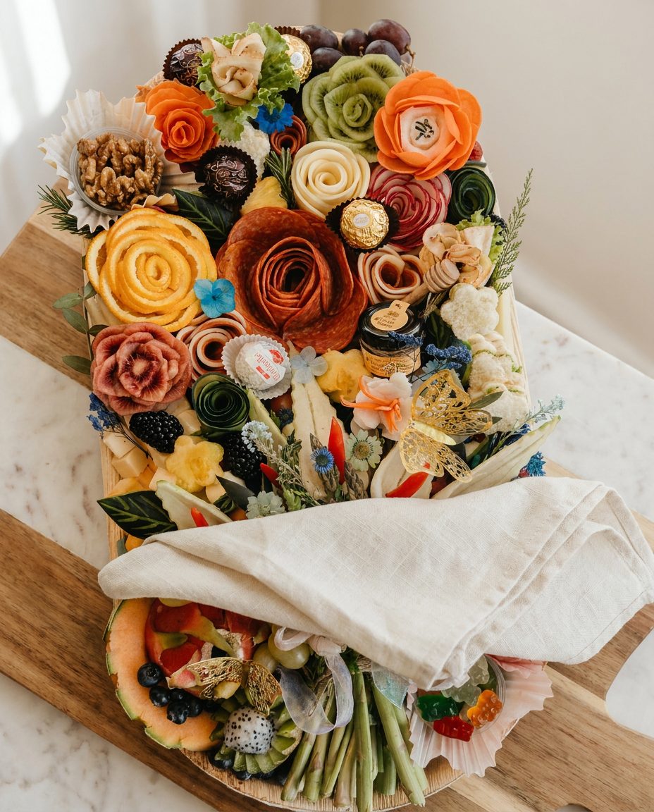 Flowered charcuterie board and charcuterie bouquet